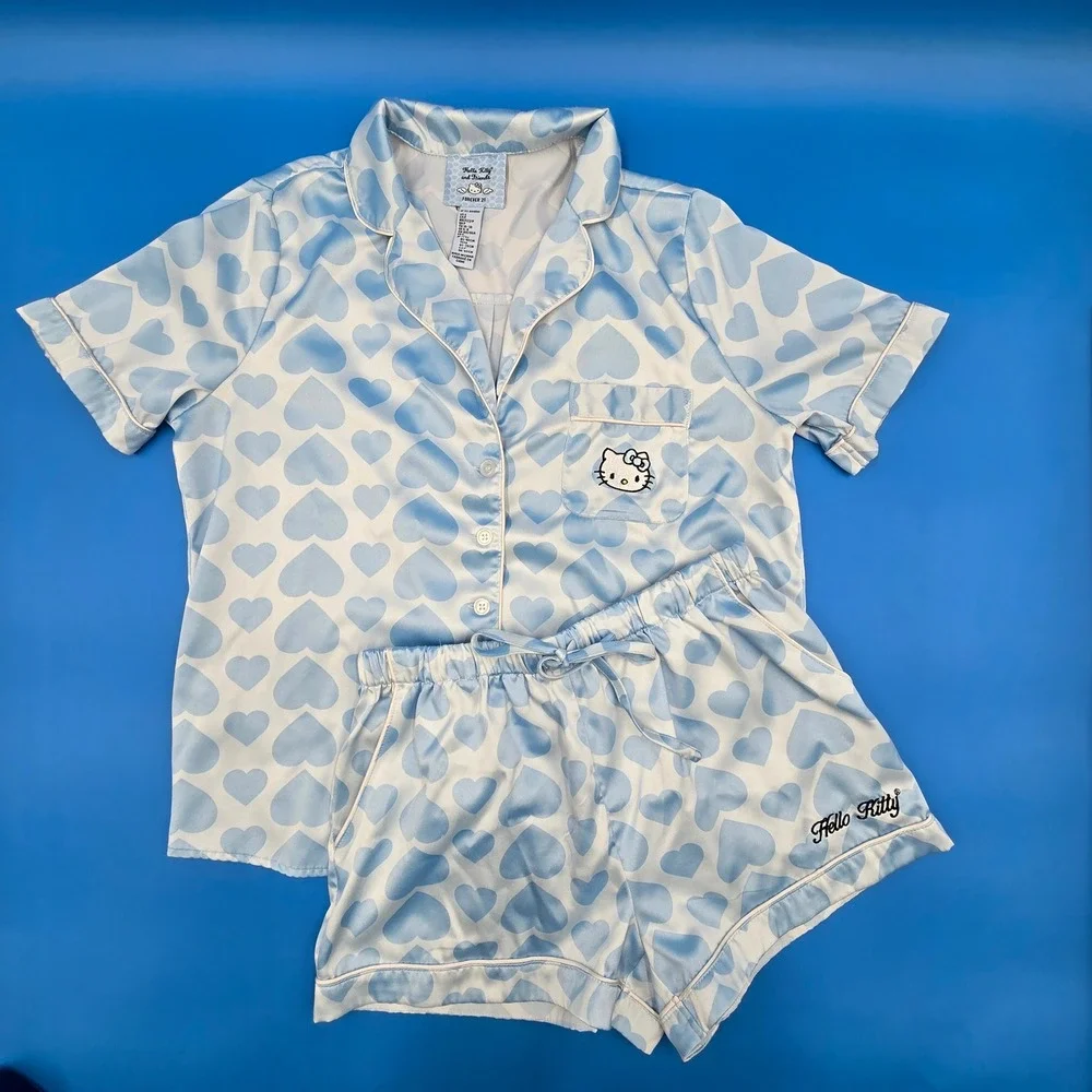 Forever 21 Hello Kitty Sanrio Satin Pajama Set Blue Heart‎ Shorts Top Womens S